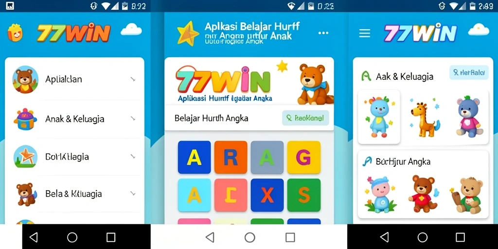 Antarmuka ceria aplikasi belajar huruf dan angka.