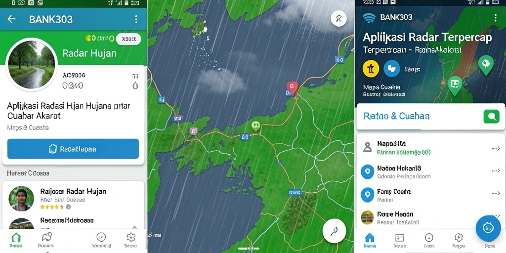 Screenshot aplikasi BANK303 menampilkan antarmuka radar hujan yang jelas dan informatif.
