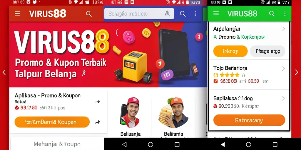 Tampilan antarmuka pengguna aplikasi VIRUS88 dengan berbagai kupon dan promo.